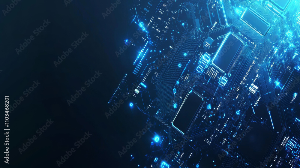 Poster thin circuit trace lines in blue on a dark technology background. abstract digital tech bg. electron