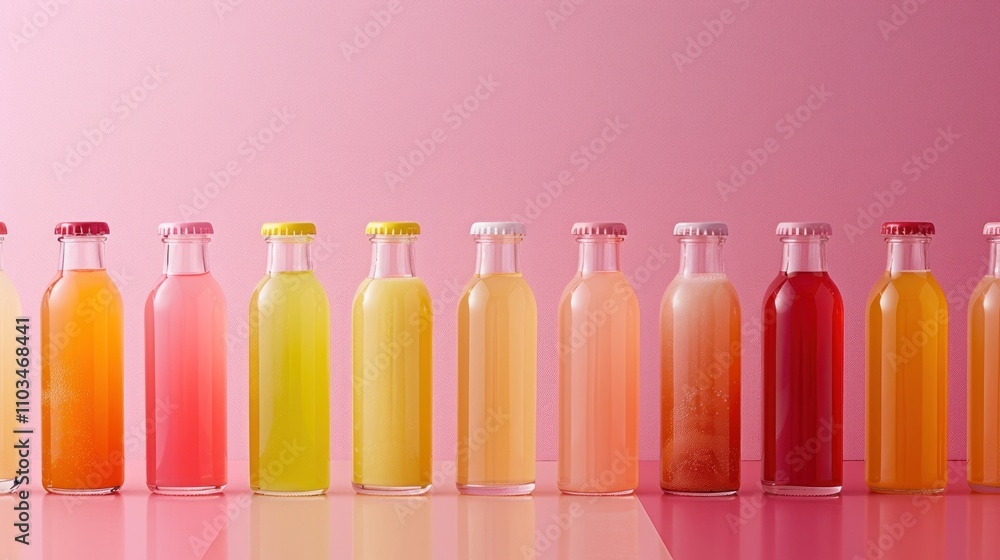 Poster a colorful array of beverage bottles against a pink background, showcasing various drink options.