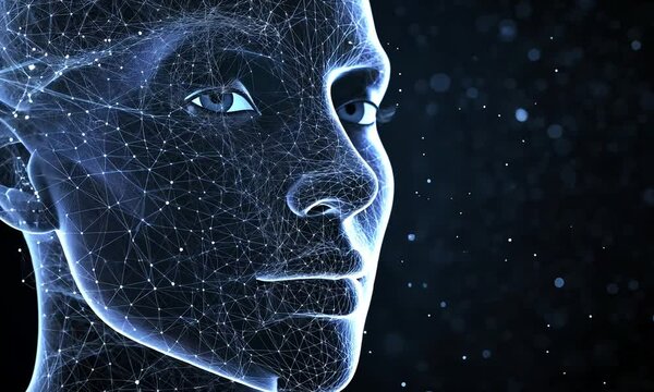 science technology human head moving poly wireframe line style ai video concept