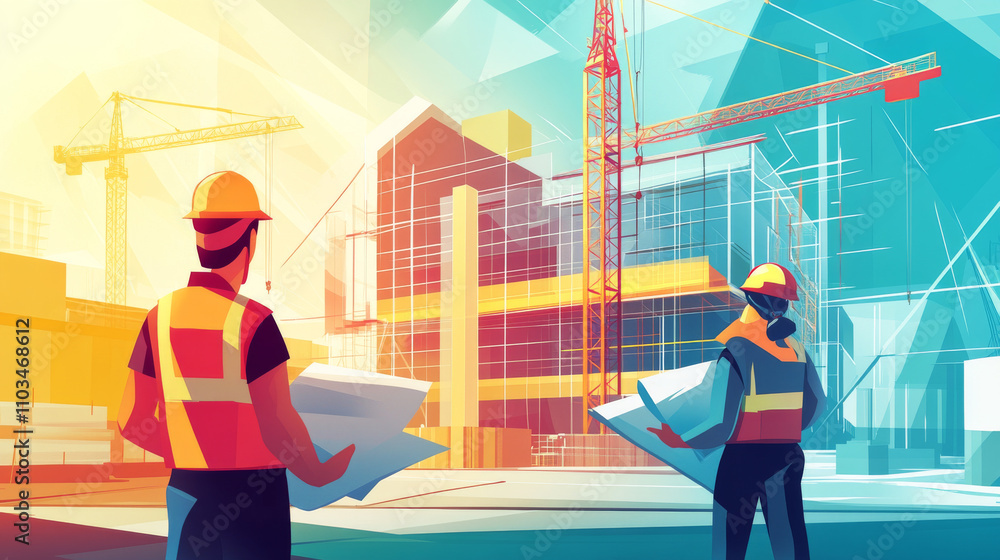 Poster building under construction site. architect holding blueprints near construction. new building. man 