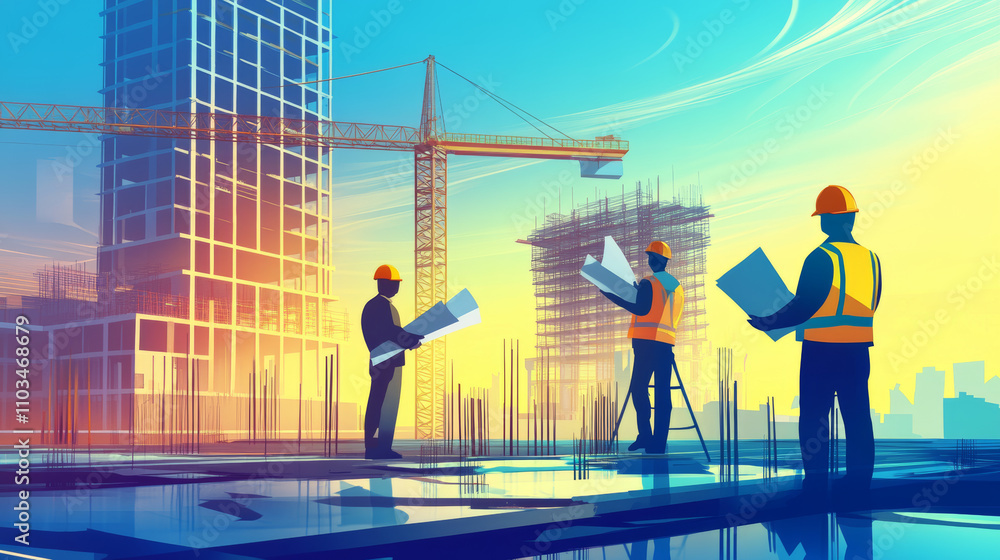 Poster building under construction site. architect holding blueprints near construction. new building. man 