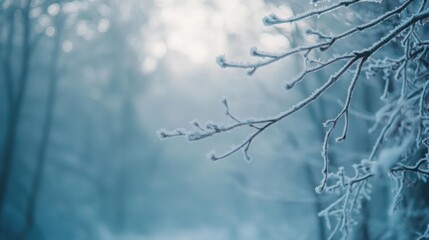A misty morning in a snow-filled forest, with frost on every branch and twig.