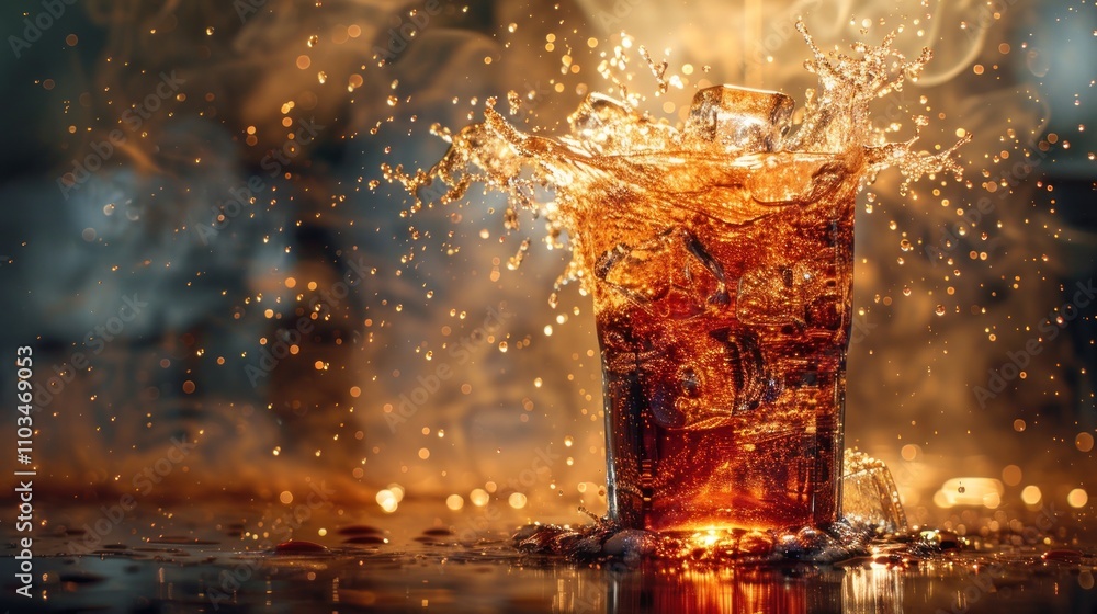 Aufkleber a dynamic splash of a dark beverage with ice, creating an energetic and refreshing scene.
