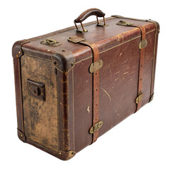 Classic Vintage Leather Suitcase with Metal Hardware Isolated on White Background