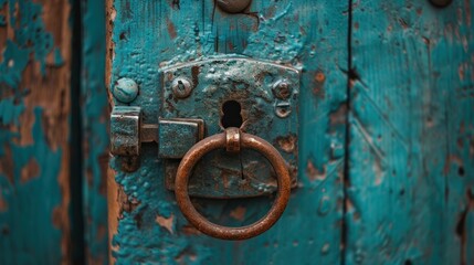 A close-up of an old, weathered lock on a turquoise wooden door.