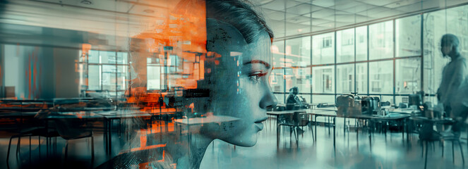 Innovative Fusion: AI Technology Blends Seamlessly with Traditional Classroom Setting in Double Exposure Masterpiece