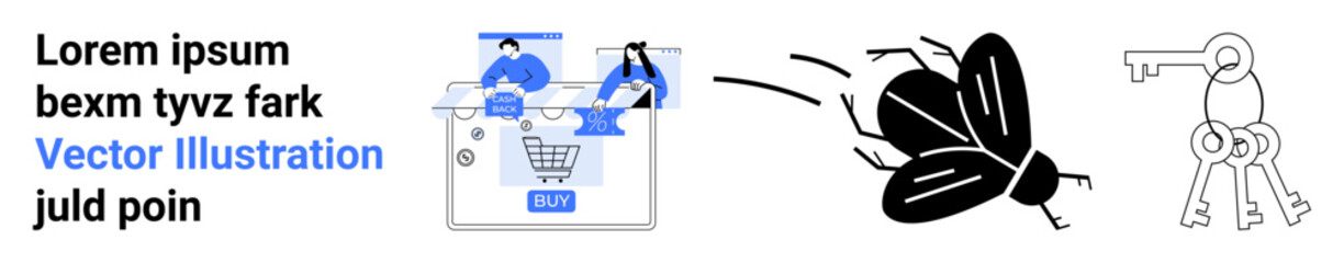 Online shopping cart with buyers at checkout. Flying insect in simple style. Trio of skeleton keys. Ideal for e-commerce concepts, pest control, security systems, design projects, educational