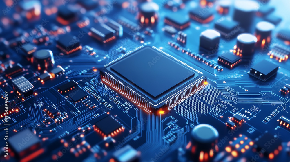 Poster abstract digital circuit board in blue. cyber background. futuristic microchip processor concept. ar