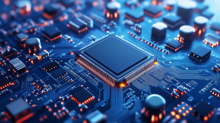 Fototapeta premium Abstract digital circuit board in blue. Cyber background. Futuristic microchip processor concept. Artificial intelligence web banner. 3D illustration blue technology vector illustration.