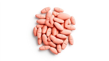 A pile of pink oblong tablets with scored lines on their surface, arranged on a white background, suggesting pharmaceutical or nutritional supplements in tablet form.