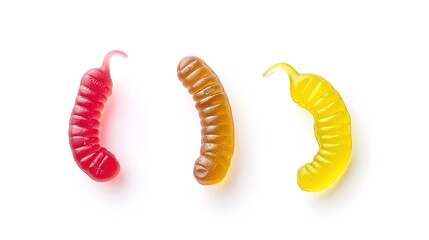 Naklejka premium Gummy Worms and Candy on White Background - A Sweet and Colorful Confectionery Display. The Delightful Gummy Worms and Assorted Candies on the Plain White Background, with Their Bright Colors and Temp