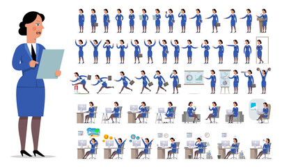 Businesswoman or manager character creation big set. Different views, gestures, emotions.