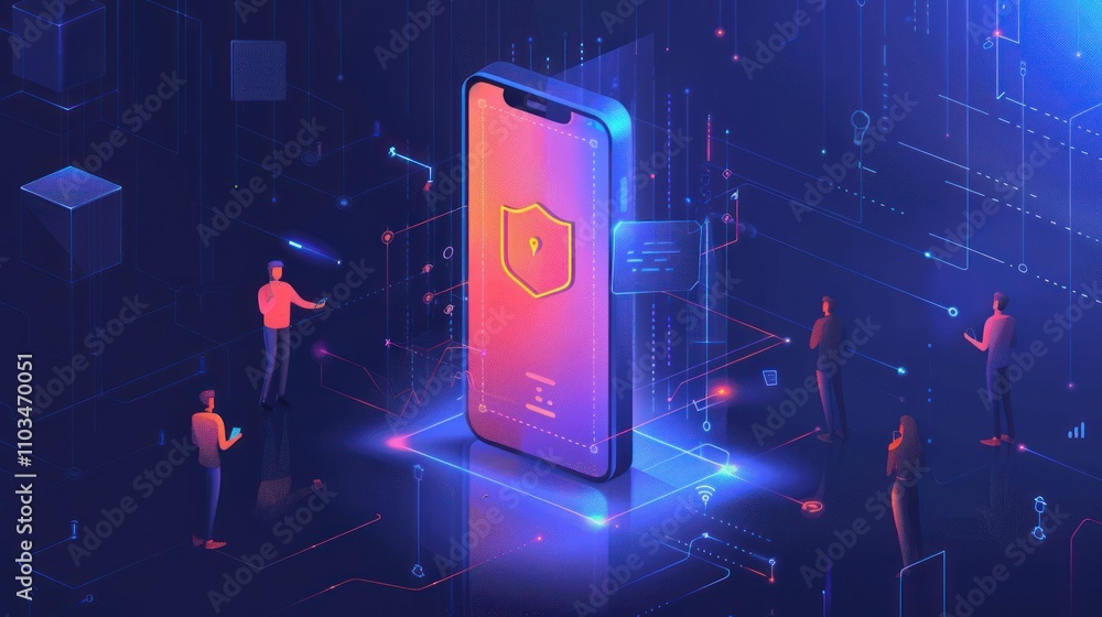 Poster a digital phone with a security shield, surrounded by data and figures, symbolizing cybersecurity.