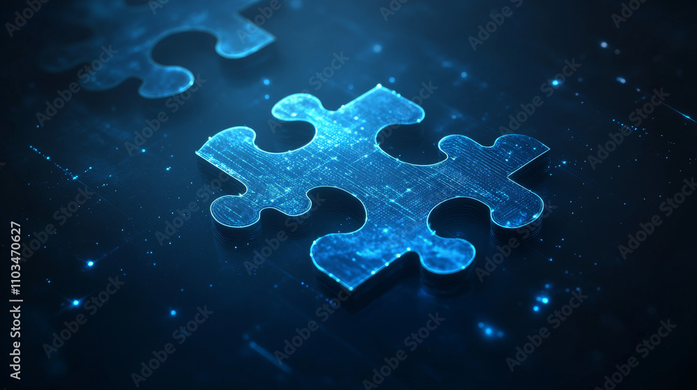 Poster abstract desktop and jigsaw puzzle on screen. business solution concept on dark background. monochro