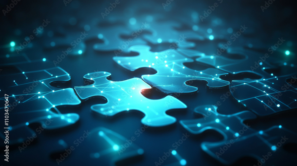 Poster abstract desktop and jigsaw puzzle on screen. business solution concept on dark background. monochro