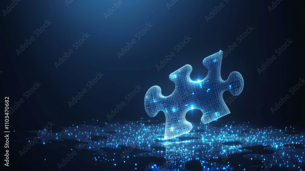 Poster abstract desktop and jigsaw puzzle on screen. business solution concept on dark background. monochro