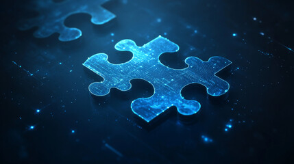 Abstract desktop and jigsaw puzzle on screen. Business solution concept on dark background. Monochrome light blue hologram style. Low poly wireframe vector illustration with connected glowing dots.