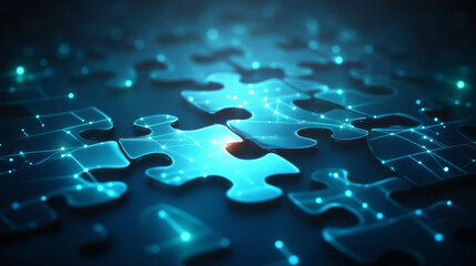 Abstract desktop and jigsaw puzzle on screen. Business solution concept on dark background. Monochrome light blue hologram style. Low poly wireframe vector illustration with connected glowing dots.