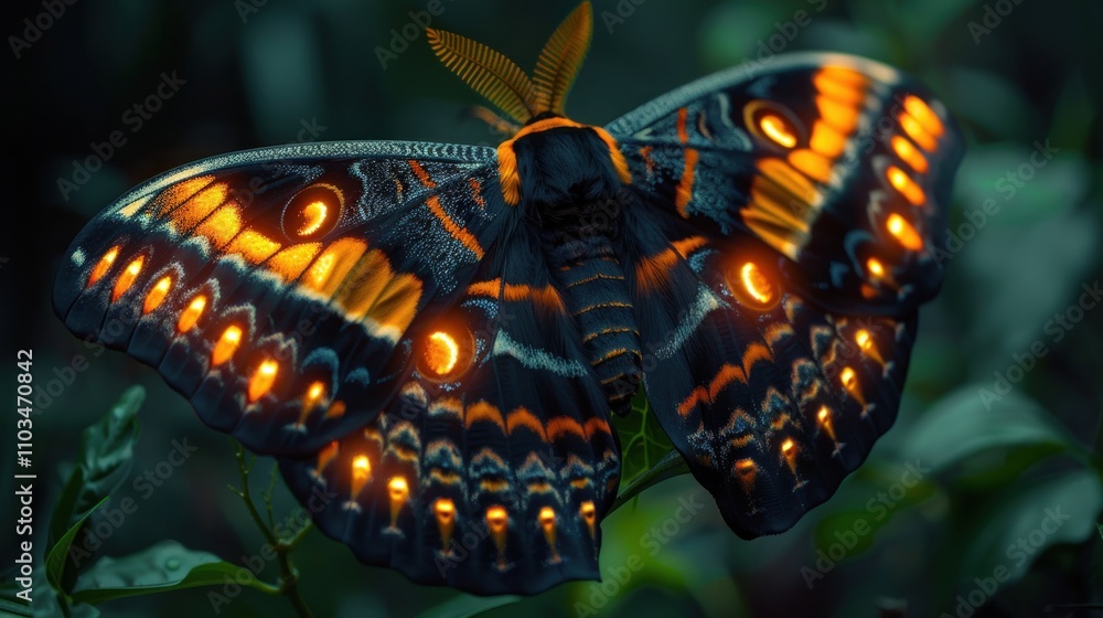 Aufkleber a vibrant butterfly with glowing patterns resting on foliage in a dark environment.