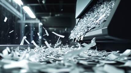 A pile of shredded paper is on a table. The shredded paper is white and scattered all over the table