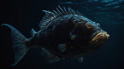  Dark-colored fish underwater, close-up view.