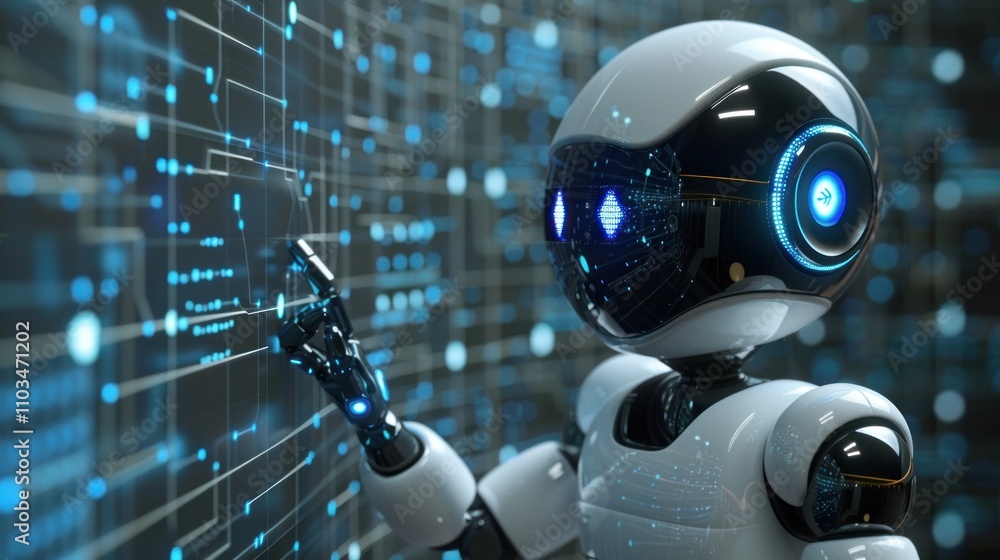 Aufkleber a futuristic robot interacts with a digital interface, showcasing advanced technology.