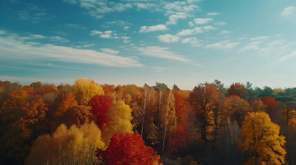 Fototapeta premium Aerial view colorful forest in autumn. Beautiful landscape with blue sky, trees with red and orange leaves in fall.