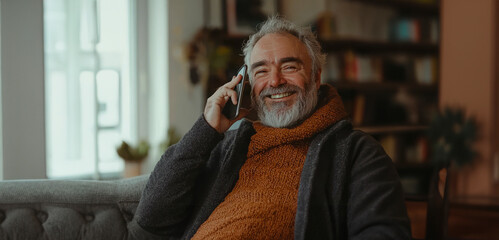 Happy man relaxing on a sofa while talking on his mobile phone