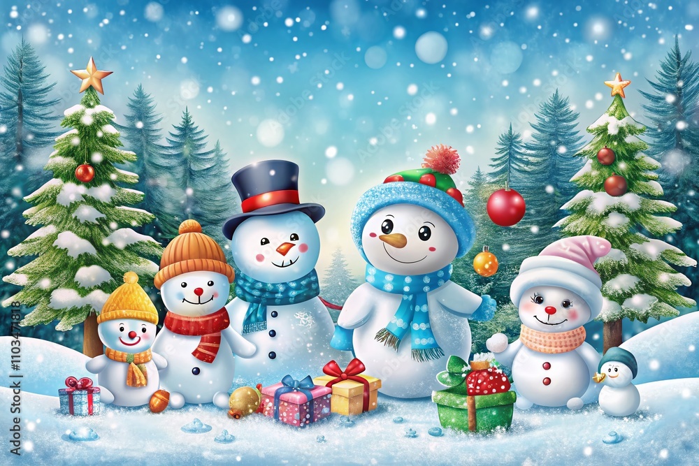Poster charming snowy characters on a cool background perfect for holiday themes and seasonal promotions wi