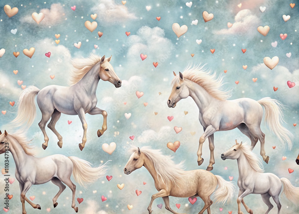 Poster charming surreal pattern of small horses and tiny hearts, perfect for unique textiles and whimsical 