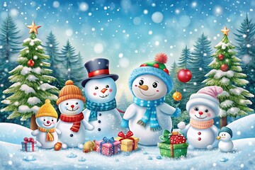 Charming Snowy Characters on a Cool Background Perfect for Holiday Themes and Seasonal Promotions with Ample Copy Space for Creative Text Insertion or Graphic Design Elements
