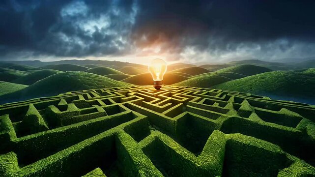 A surreal maze with a glowing light bulb at its center, set against rolling green hills.