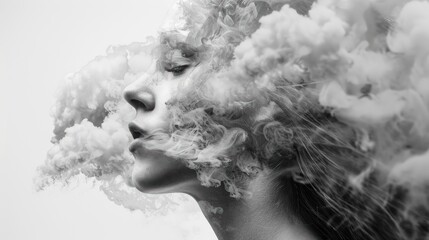 A monochrome portrait of a woman with swirling clouds, symbolizing thoughts and emotions.