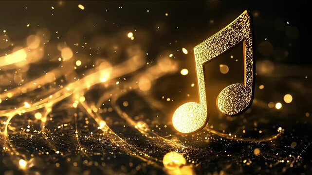 Golden music notes on a defocused brown background, Golden musical note floating on a dark abstract background