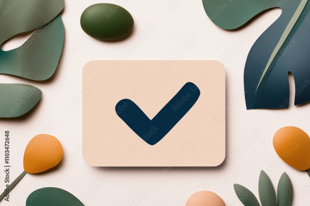Poster a minimalistic design featuring a checkmark on a soft background, surrounded by various green and or