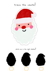 Trace the santa and find the right shadow activity worksheet for kids toddler pre-k school learn christmas