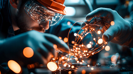 Ai generated sparks of innovation industrial worker creating in a high-tech workshop environment close-up viewpoint