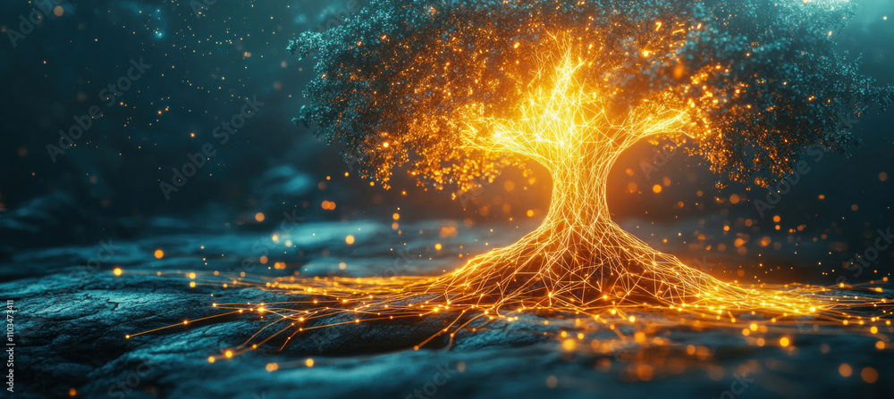 Aufkleber glowing digital tree connecting with ground through intricate network
