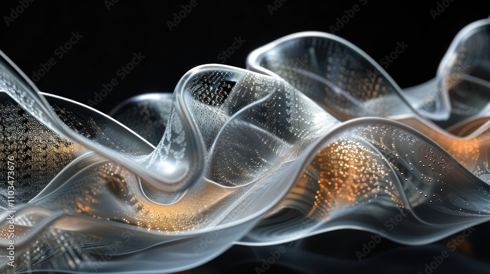 Poster a sculptural wave of translucent material, showcasing intricate patterns and light play.