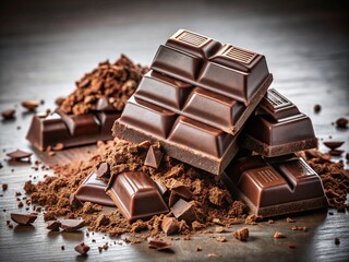 Chopped Chocolate Cubes and Dark Chocolate Bars on White Background - A Double Exposure Photography Experience with Bitter and Rich Cocoa Delights