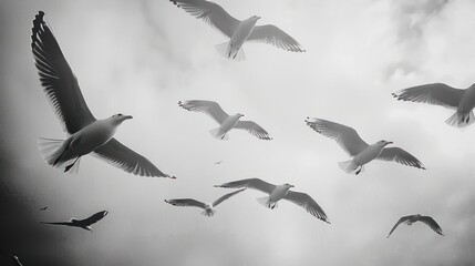 Obraz premium A flock of seagulls soaring through a cloudy sky, creating a sense of freedom and nature.