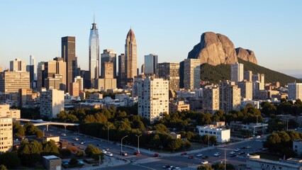 Generative AI, Golden Sunrise Over a Modern Metropolis and Granite Plateau