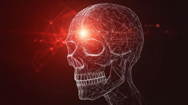 Vector isolated human skull with pain center. Headache Low poly wireframe and points. Polygonal white brainpan on dark background. Medicine concept with geometry triangle. Abstract mash line origami