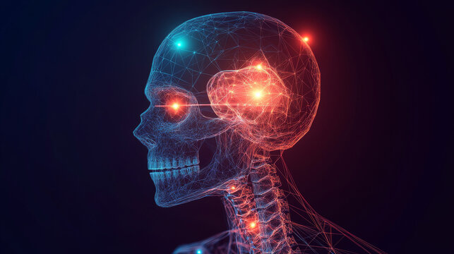 Vector isolated human skull with pain center. Headache Low poly wireframe and points. Polygonal white brainpan on dark background. Medicine concept with geometry triangle. Abstract mash line origami