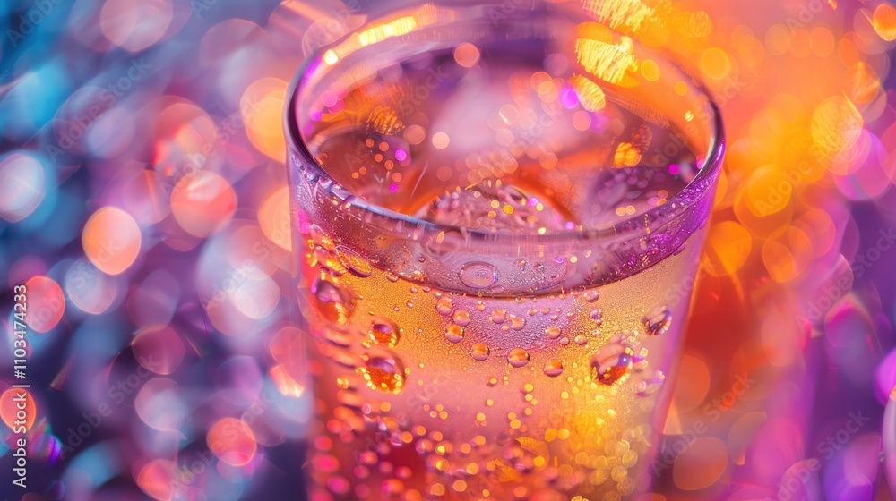 Aufkleber a close-up of a sparkling drink with ice, surrounded by colorful bokeh lights.