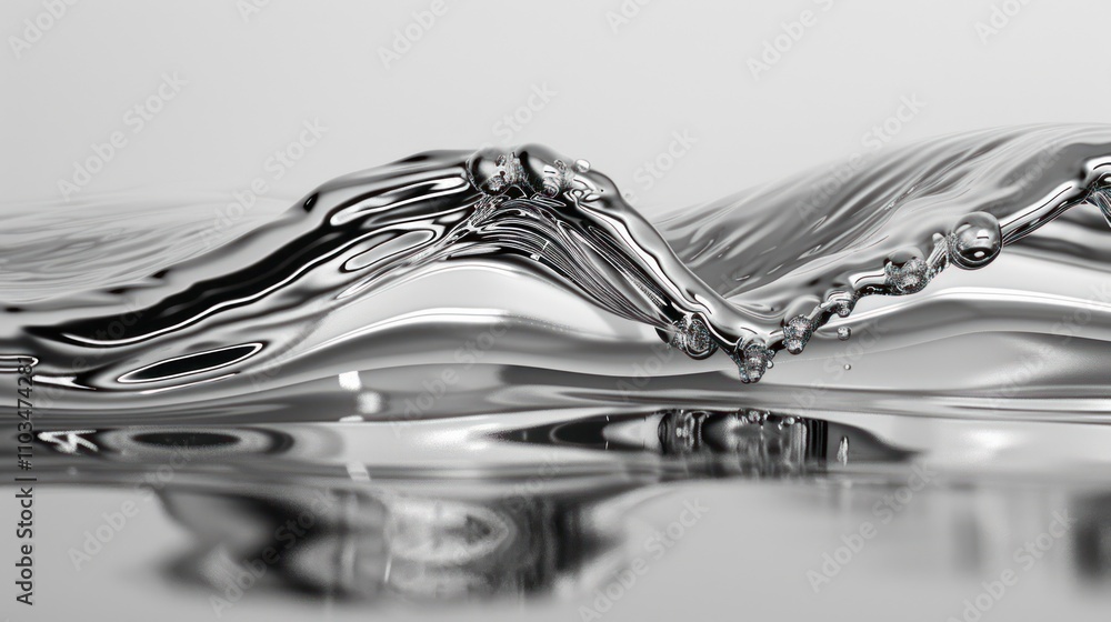 Poster abstract representation of flowing liquid, showcasing smooth curves and reflections.