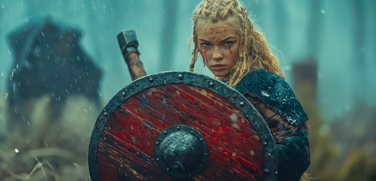 Viking Shieldmaiden: Fierce Combatant Wielding Shield and Axe
