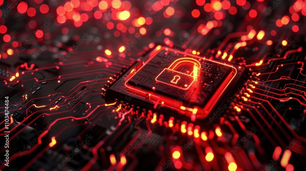 Poster a digital lock symbol on a circuit board, representing cybersecurity and data protection.
