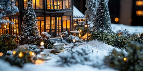 Creating a cozy holiday atmosphere miniature tea room facade with teacups and snow details in a warm setting