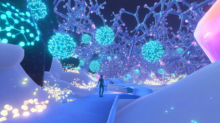 Metaverse. Abstract polygonal 3D man in VR device touching virtual blue model of molecule. Low poly wireframe science, education or medicine digital concept. Polygons and connected dots